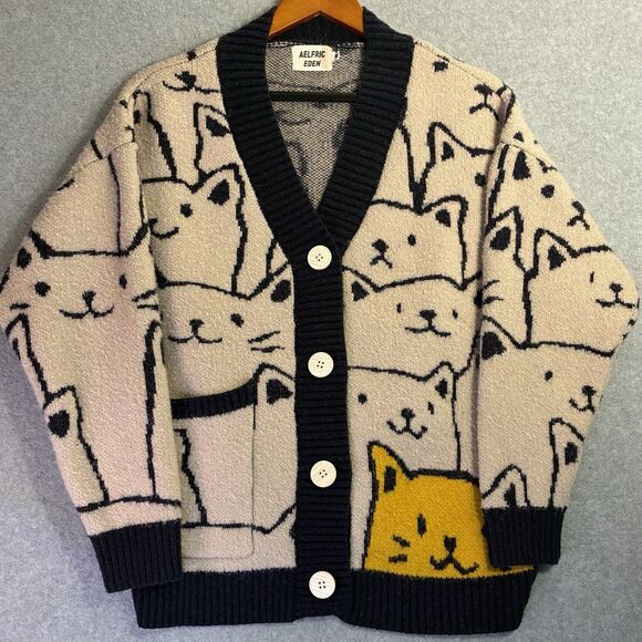 Aelfric Eden Cat Graphic Knit Cardigan Sweater Beige Black Yellow Size M Unisex - Picture 1 of 5